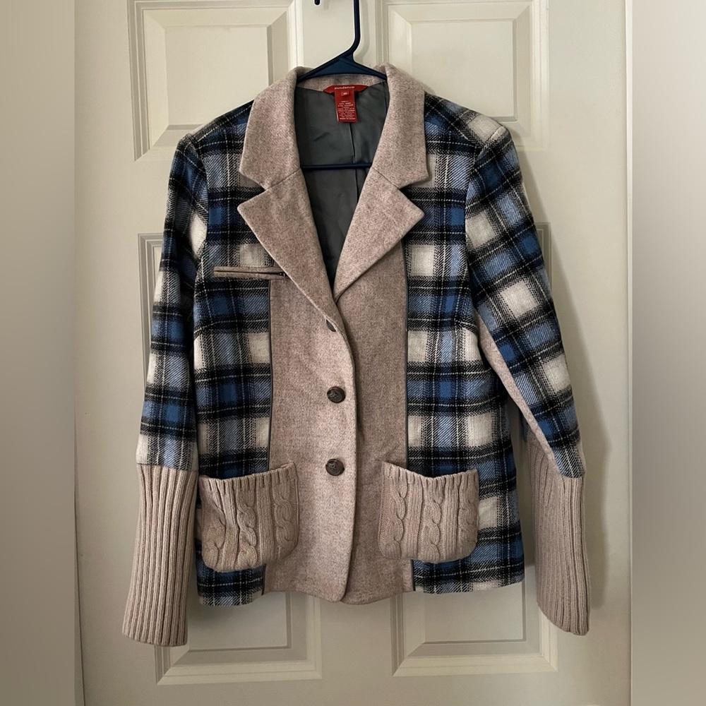 Sundance Sweater Blazer Blue Cream Plaid Cable Knit Pockets mixed media wool 10